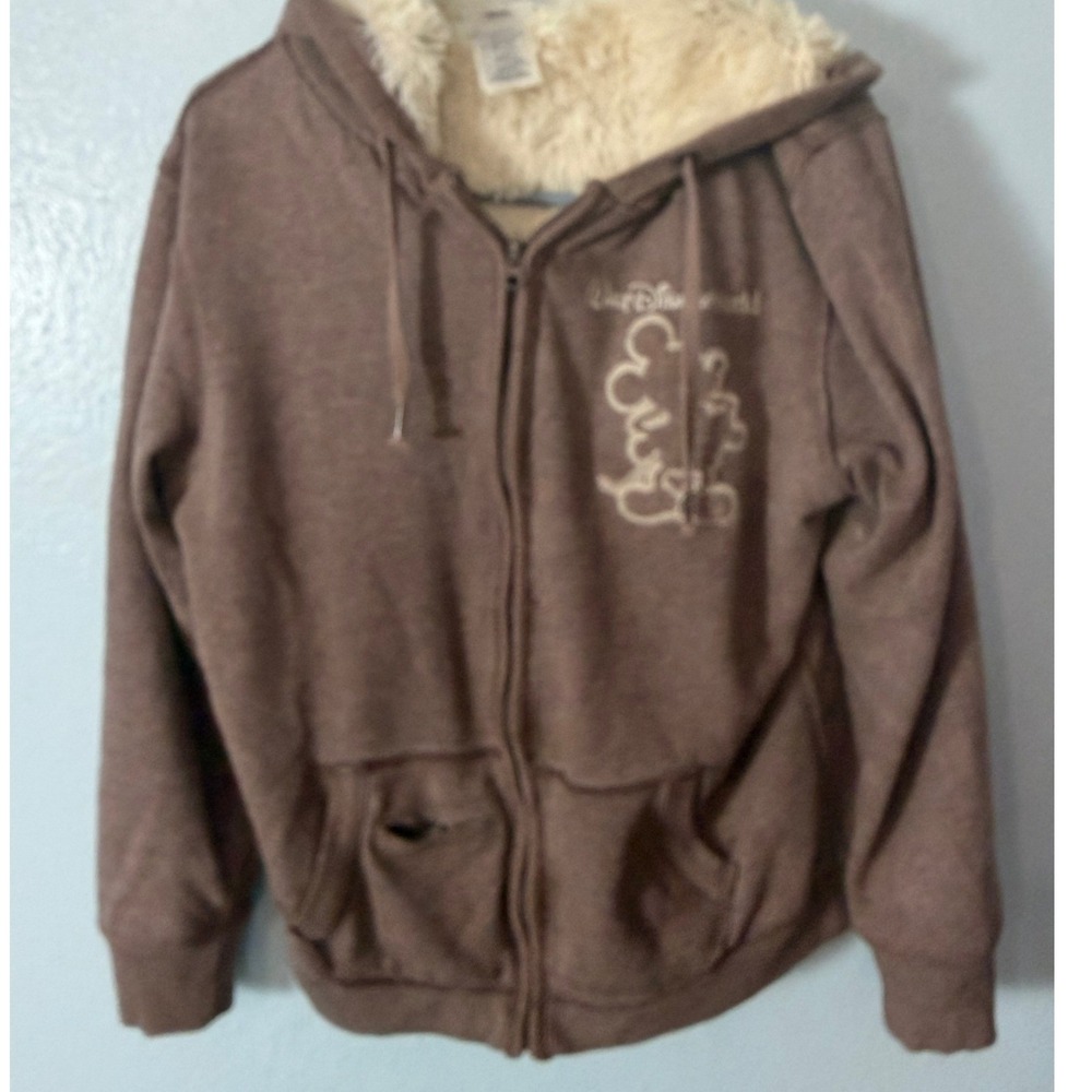 Disney Parks Walt Disney World Mickey Mouse Faux Fur Zip Hoodie Brown Large Cozy